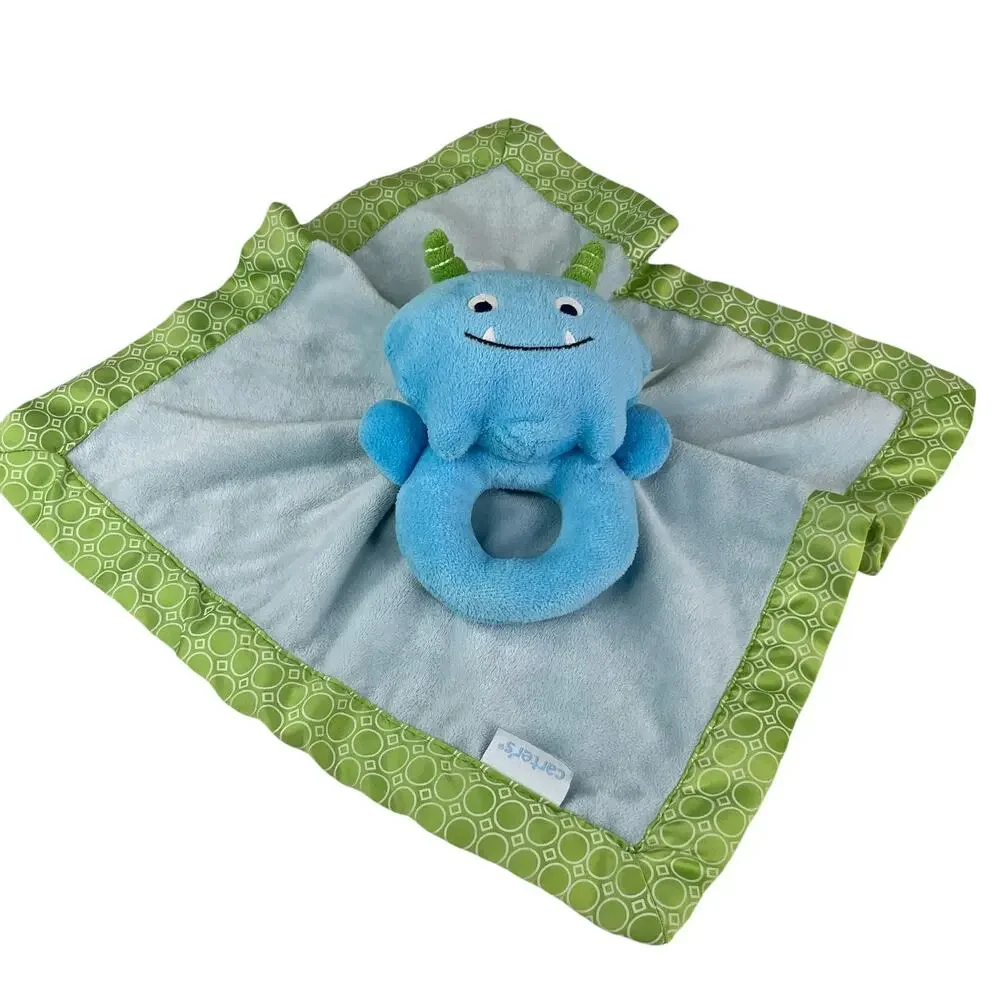 Carter's Plush Blue Monster Security Blanket Rattle Lovey Satin Trim 14